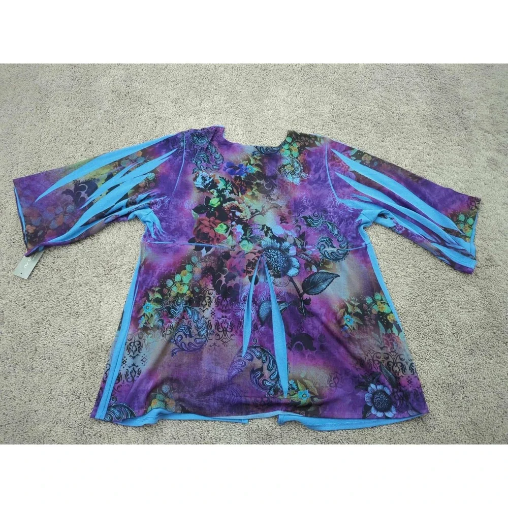 NY Collection Blouse Womens 2X PLUS Floral Abstract V-Neck‎ 3/4 Sleeve Classic